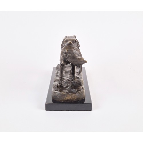 447 - GUN DOG RETRIEVING WITH PHEASANT, sculptural cast metal study, 15cm H approx.