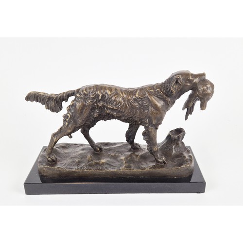 447 - GUN DOG RETRIEVING WITH PHEASANT, sculptural cast metal study, 15cm H approx.