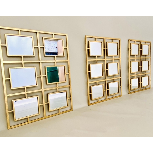 313 - WALL MIRRORS, a set of three, contemporary design gilt metal frames with multi sectional plates, 78c... 