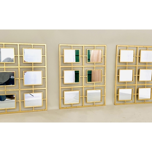 313 - WALL MIRRORS, a set of three, contemporary design gilt metal frames with multi sectional plates, 78c... 