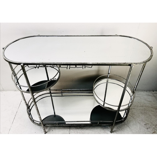 317 - BAR TABLE, silvered metal with mirrored glass shelves, 107cm H x 86cm W x 40cm D.