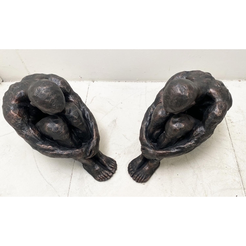 318 - CONTEMPORARY SITTING MAN SCULPTURES, a pair, resin, 34cm H x 21cm W x 40cm D. (2)