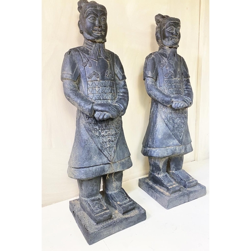 321 - TERRACOTTA WARRIOR STYLE FIGURES, a pair, antiqued finish resin, 120cm  H x 34cm W x 34cm D.