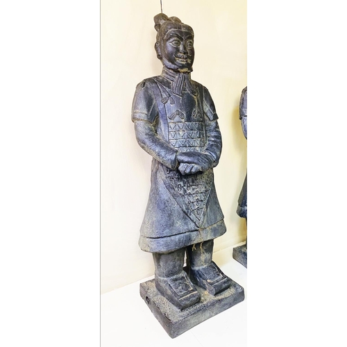 321 - TERRACOTTA WARRIOR STYLE FIGURES, a pair, antiqued finish resin, 120cm  H x 34cm W x 34cm D.