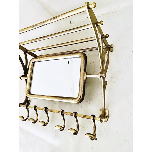 327 - PORTMANTEAU MIRRORED LUGGAGE RACK, gilt metal with coat hooks, 54cm H x 67cm W x 36cm D.