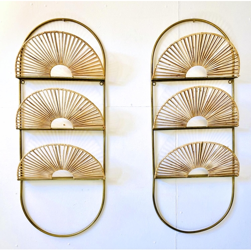 337 - WALL MAGAZINE HOLDERS, a pair, rattan and gilt metal, 94cm H x 36cm W x 13cm D. (2)