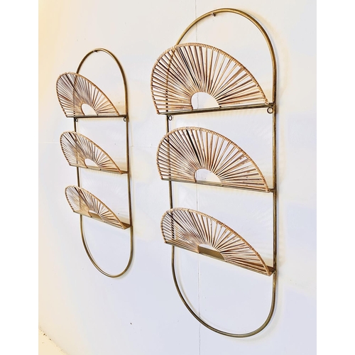 337 - WALL MAGAZINE HOLDERS, a pair, rattan and gilt metal, 94cm H x 36cm W x 13cm D. (2)