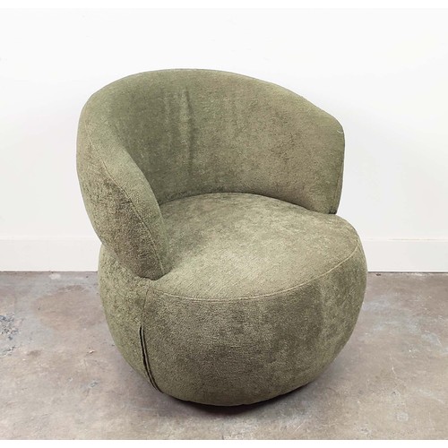 450 - ARMCHAIR, green boucle fabric upholstered, swivel base, 72cm W approx.