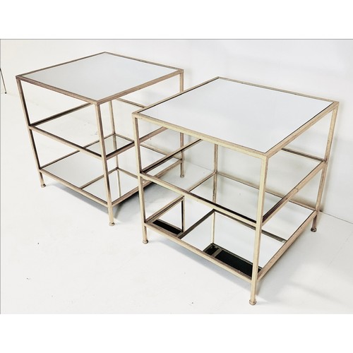 399 - SIDE TABLES, a pair, silvered metal with square mirrored tops, 51cm H x 51cm x 51cm. (2)