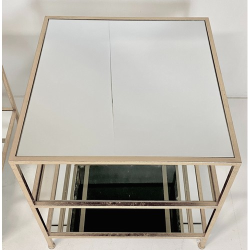 399 - SIDE TABLES, a pair, silvered metal with square mirrored tops, 51cm H x 51cm x 51cm. (2)