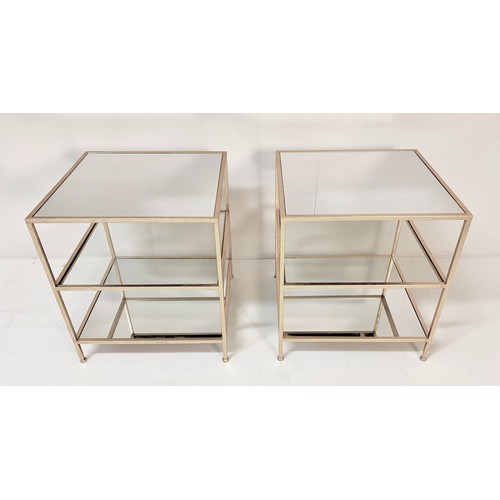 399 - SIDE TABLES, a pair, silvered metal with square mirrored tops, 51cm H x 51cm x 51cm. (2)