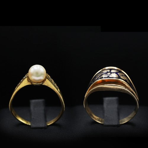 128 - TWO 18CT YELLOW GOLD DRESS RINGS, one set with a round cultured pearl and diamond shoulders, the oth... 