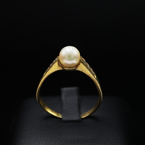 128 - TWO 18CT YELLOW GOLD DRESS RINGS, one set with a round cultured pearl and diamond shoulders, the oth... 