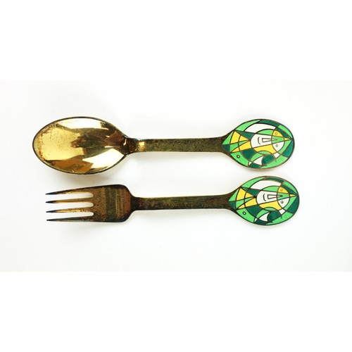 44 - GEORG JENSEN STERLING SILVER GOLD PLATED SPOONS, 13 with flower motif enamel inlay and late 20th cen... 