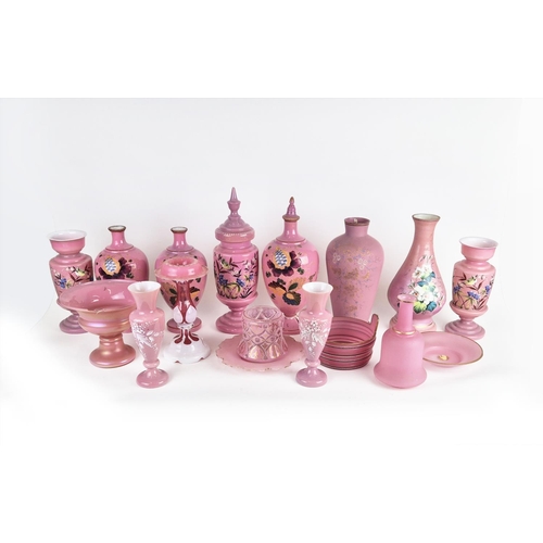 42 - COLLECTION OF ASSORTED VICTORIAN OPALINE GLASS VASES & LIDDED VASES, in pink colourway with hand pai... 