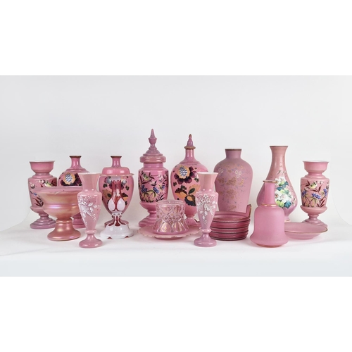 42 - COLLECTION OF ASSORTED VICTORIAN OPALINE GLASS VASES & LIDDED VASES, in pink colourway with hand pai... 