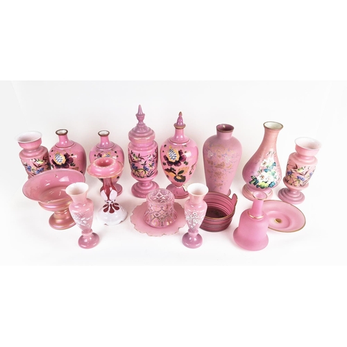 42 - COLLECTION OF ASSORTED VICTORIAN OPALINE GLASS VASES & LIDDED VASES, in pink colourway with hand pai... 