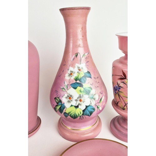 42 - COLLECTION OF ASSORTED VICTORIAN OPALINE GLASS VASES & LIDDED VASES, in pink colourway with hand pai... 