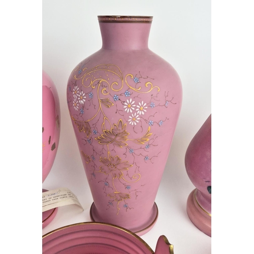 42 - COLLECTION OF ASSORTED VICTORIAN OPALINE GLASS VASES & LIDDED VASES, in pink colourway with hand pai... 