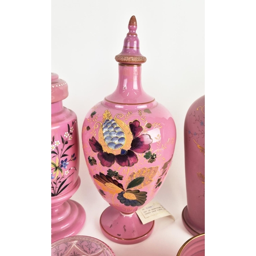 42 - COLLECTION OF ASSORTED VICTORIAN OPALINE GLASS VASES & LIDDED VASES, in pink colourway with hand pai... 