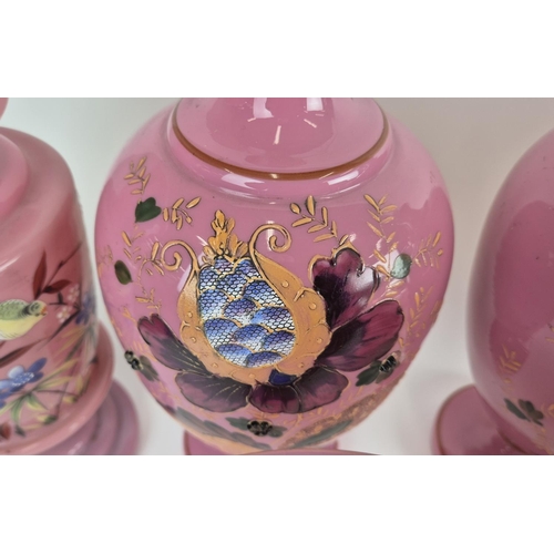 42 - COLLECTION OF ASSORTED VICTORIAN OPALINE GLASS VASES & LIDDED VASES, in pink colourway with hand pai... 