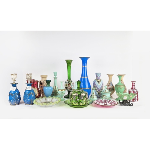 43 - COLLECTION OF ASSORTED 19TH CENTURY OPALINE GLASSWARE, including a pair of blue and gilt decanters, ... 