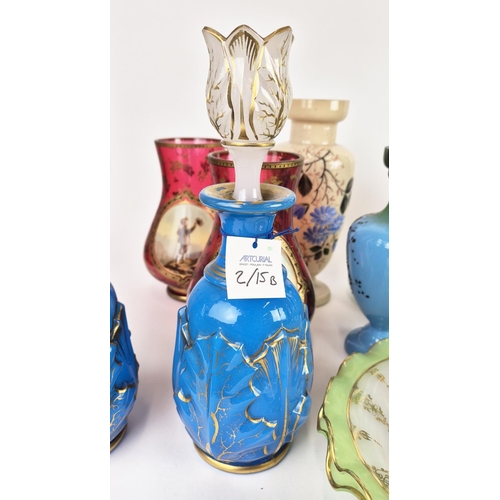 43 - COLLECTION OF ASSORTED 19TH CENTURY OPALINE GLASSWARE, including a pair of blue and gilt decanters, ... 