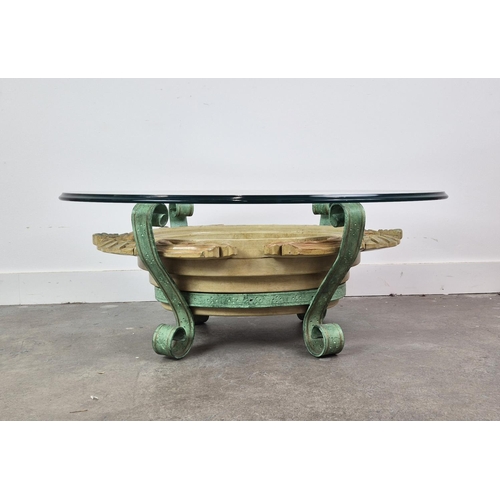 540 - LOW TABLE, Hollywood Regency style, glass oval top, wooden and scrolled metal frame, in oxidized fin... 