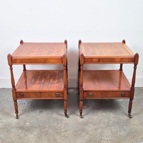 296 - LAMP TABLES, a pair, Georgian style yewwood, each with drawer on castors, 60cm H x 46cm x 46cm. (2)