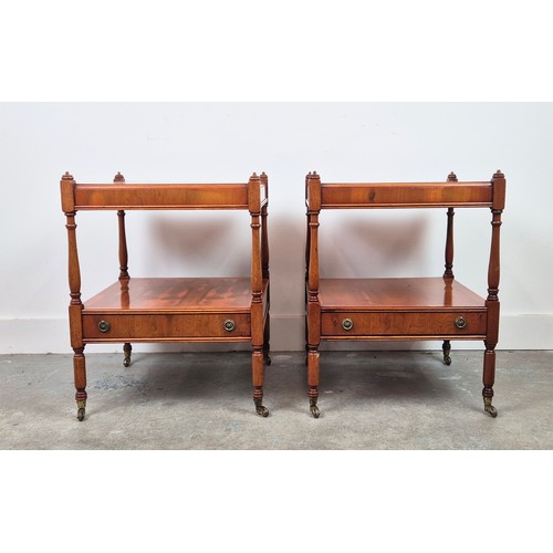 296 - LAMP TABLES, a pair, Georgian style yewwood, each with drawer on castors, 60cm H x 46cm x 46cm. (2)