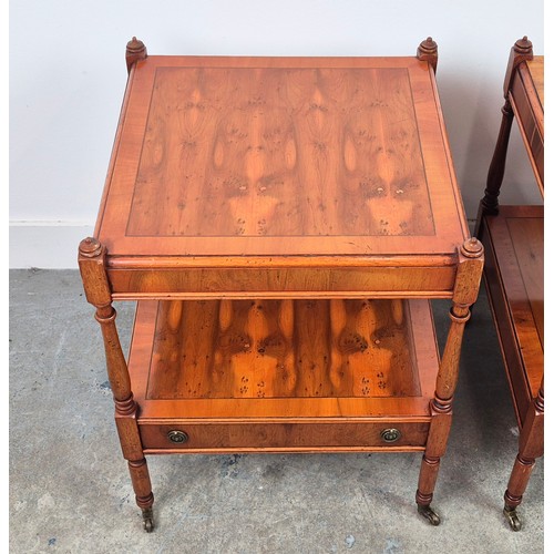 296 - LAMP TABLES, a pair, Georgian style yewwood, each with drawer on castors, 60cm H x 46cm x 46cm. (2)