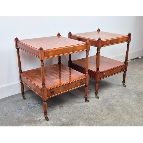 296 - LAMP TABLES, a pair, Georgian style yewwood, each with drawer on castors, 60cm H x 46cm x 46cm. (2)