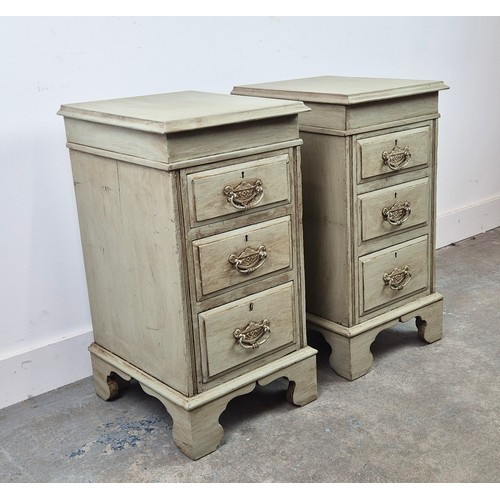 294 - BEDSIDE CHESTS, a pair, early 20th century and later grey painted, each with three drawers, 67cm H x... 