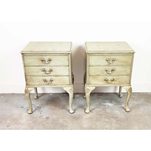 292 - BEDSIDE CHESTS, a pair, Georgian style grey painted, each with three drawers, 66cm H x 47cm x 32cm. ... 