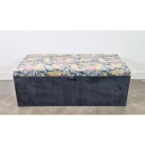 271 - OTTOMAN, grey and foliate patterned velvet with hinged top, 47cm H x 132cm x 60cm.