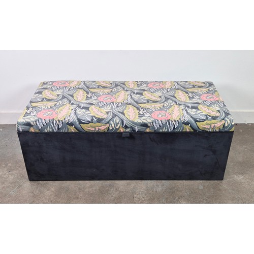 271 - OTTOMAN, grey and foliate patterned velvet with hinged top, 47cm H x 132cm x 60cm.