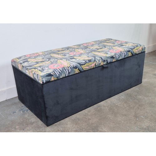 271 - OTTOMAN, grey and foliate patterned velvet with hinged top, 47cm H x 132cm x 60cm.