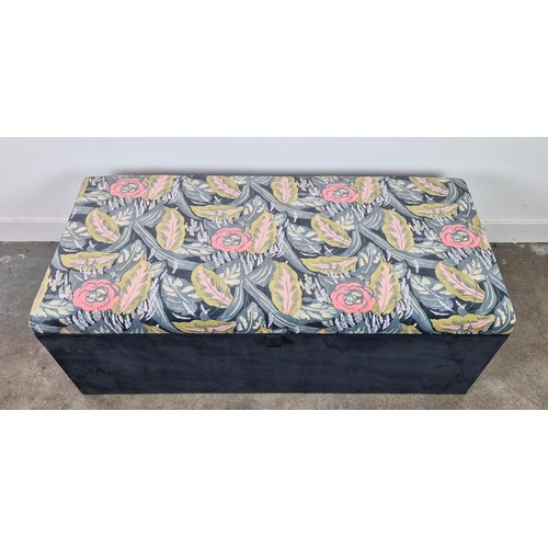 271 - OTTOMAN, grey and foliate patterned velvet with hinged top, 47cm H x 132cm x 60cm.