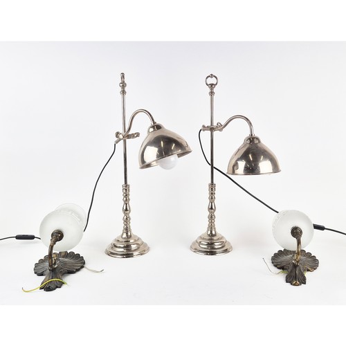 538 - TABLE LAMPS, a pair, adjustable height, chrome finish, 55cm high, plus a pair of wall lights with gl... 