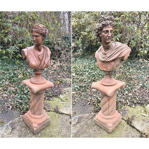 335 - CLASSICAL STYLE BUSTS ON STANDS, one depicting Athena, the other Apollo, 98cm H each approx. (2)