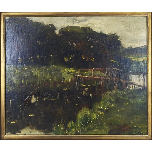 423 - SIR ALFRED MUNNINGS (1878-1959) 'Bridge Over a Stream', oil on canvas, signed lower right A.J. Munni... 