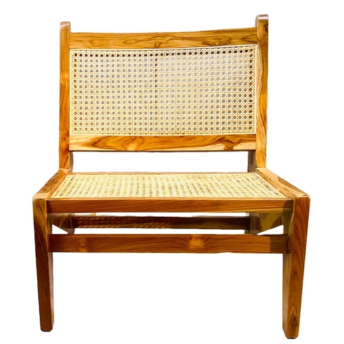 600 - AFTER PIERRE JEANNERET KANGAROO STYLE LOUNGE CHAIR, teak and rattan, 66cm H x 60cm W x 74cm D.