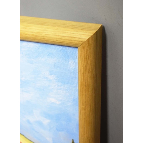 105 - RICHARD BEER (BRITISH 1928-2017). RED HOUSE. (d) oil on canvas, 49cm x 39cm, framed. (Subject to ARR... 