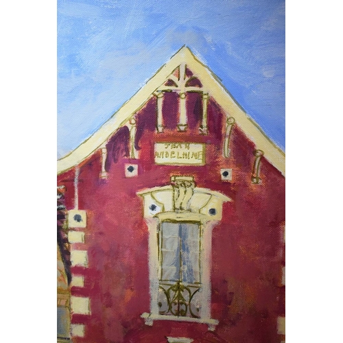 105 - RICHARD BEER (BRITISH 1928-2017). RED HOUSE. (d) oil on canvas, 49cm x 39cm, framed. (Subject to ARR... 