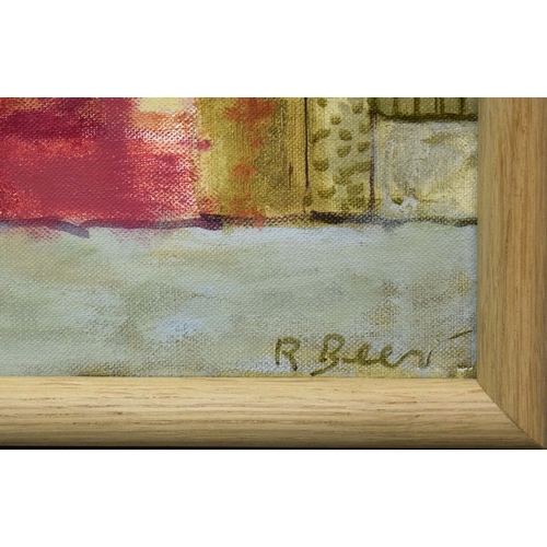 105 - RICHARD BEER (BRITISH 1928-2017). RED HOUSE. (d) oil on canvas, 49cm x 39cm, framed. (Subject to ARR... 