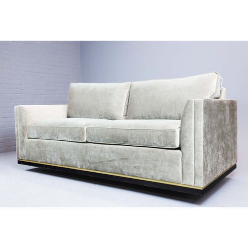 118 - BESPOKE SOFA LONDON SOFA, GREY/GREEN FABRIC UPHOLSTERED. 210cm x 97cm x 80cm.