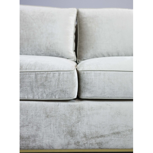118 - BESPOKE SOFA LONDON SOFA, GREY/GREEN FABRIC UPHOLSTERED. 210cm x 97cm x 80cm.