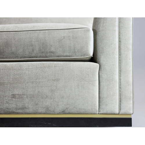 118 - BESPOKE SOFA LONDON SOFA, GREY/GREEN FABRIC UPHOLSTERED. 210cm x 97cm x 80cm.