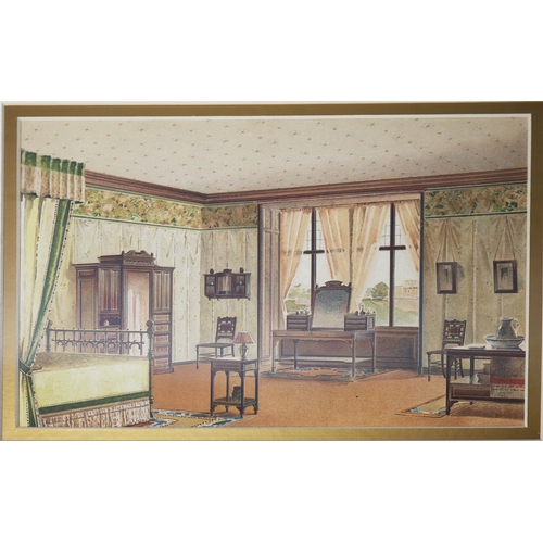 21 - FOUR HAND COLOURED PRINTS. depicting various room scenes, including two dining rooms, a bedroom and ... 