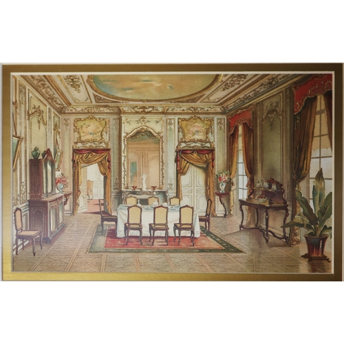 21 - FOUR HAND COLOURED PRINTS. depicting various room scenes, including two dining rooms, a bedroom and ... 